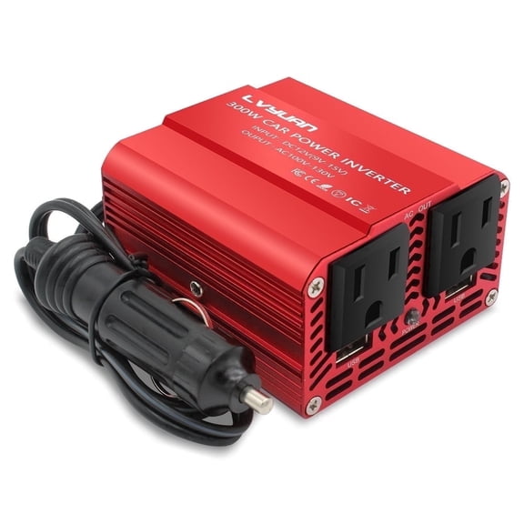 EFFORTWAY 300W Power Inverter DC 12V to AC 110V Car Inverter Converter 2AC Outlets + 2USB Modified Sine Wave Converter for Phone, Laptop on Road Trip, Home, Camping Red