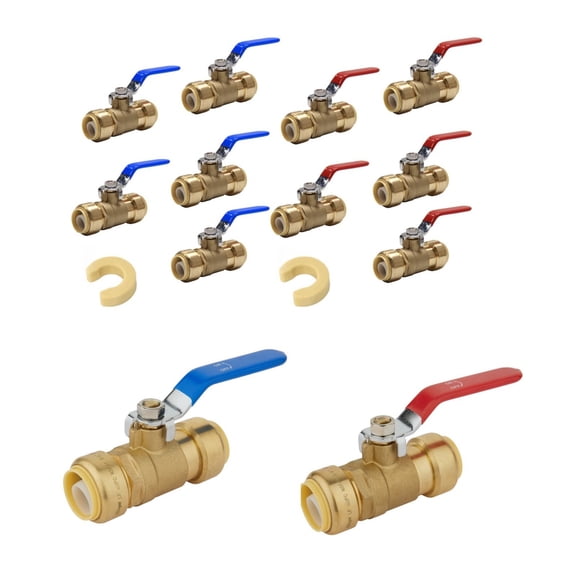 EFIELD 12PCS 3/4" PUSH FIT BRASS BALL VALVE HOT & COLD +CLIPS, NO LEAD