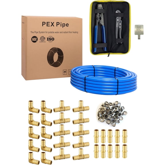 EFIELD 3/4-inch 300 ft Pex-b Blue Color Pipe, 30 Pcs 3/4" Pex Crimp Brass Fittings, 100 Pcs 3/4" Clamps and Pipe Cutter (Fittings+Tool)