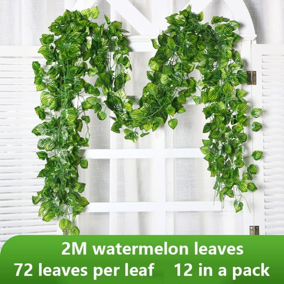 EFINNY Artificial Ivy Green Leaves Vines Grape Watermelon Leaf Vine Decoration Leaf Pipe Ceiling Decor Garden Wall Decoration,,2 Meters Long with 72 Leaves,12 in a Pack