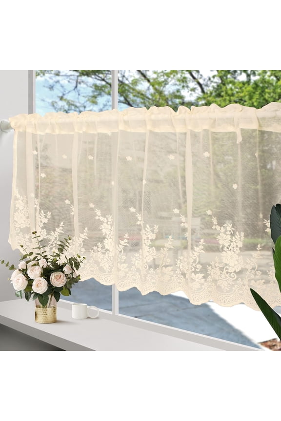 Beige Lace Short Curtain for Kitchen Window Jacquard Floral Sheer Curtain Valance for Small Window Rod Pocket Top Tulle 1 Piece