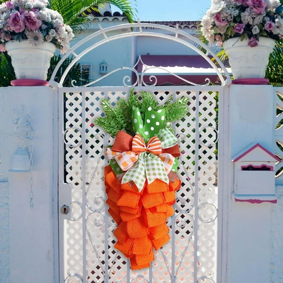 EFINNY Easter Carrot Wreath for Front Door, Easter Carrot Wreath with Large Striped Bow, Easter Stairway Swag Garland Rustic Spring Wreath for Indoor Outdoor Door Window Decor