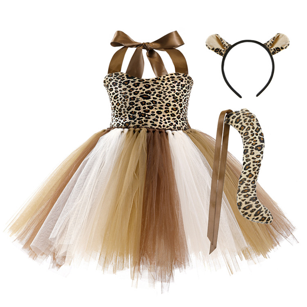 Girls Jungle Animal Tutu Dress - Leopard Zebra Safari Costume With Headband & Tail For Halloween & Parties 5 thumbnail image