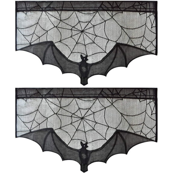 EFINNY Halloween Lace Bat Window Curtain - Black Fireplace Mantles Scarf, Door Curtain and for Halloween Home Party Decorations, Halloween Party Supplies (1PC)