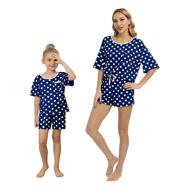 EFINNY Nightgowns Mom and Daughter Matching Family Pajamas Set Polka Dot 2PCs Short Sleeve Top and Shorts Outfits for Girls 6 12Y