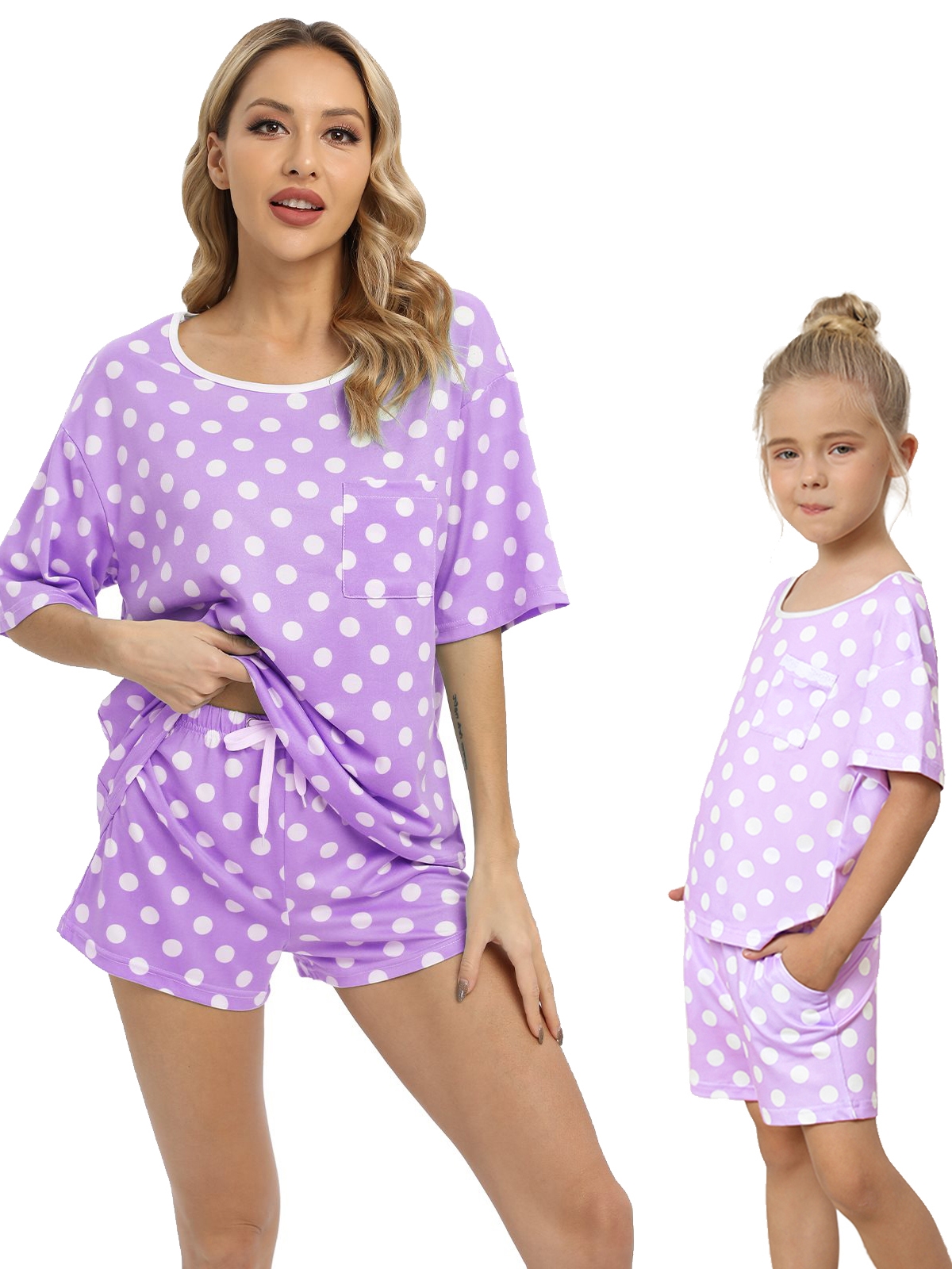 EFINNY Nightgowns Mom and Daughter Matching Family Pajamas Set Polka Dot 2PCs Short Sleeve Top and Shorts Outfits for Women S XXL