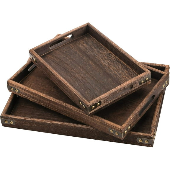 EFINNY Service Tray with Handles, Serve Coffee, Tea, Cocktails, Appetizers, Rectangle Wood Breakfast Bed Tray