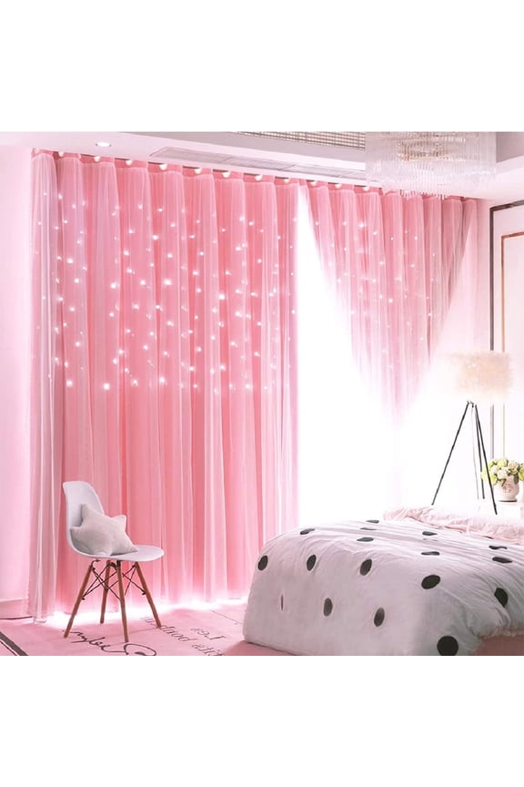Stars Blackout and Sheer Curtains for Bedroom Girls Kids Baby Room, Double Layer Star Cut Out Living Room Window Curtain, W39 x L79 Inch Length (1 Panel, Pink)