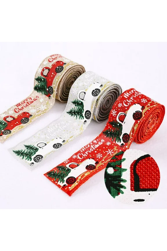 Vintage Truck Multi-color Linen Christmas Tree Crafts Floral Wired Burlap Ribbons, (3 Count) 196.85" x 1.97"