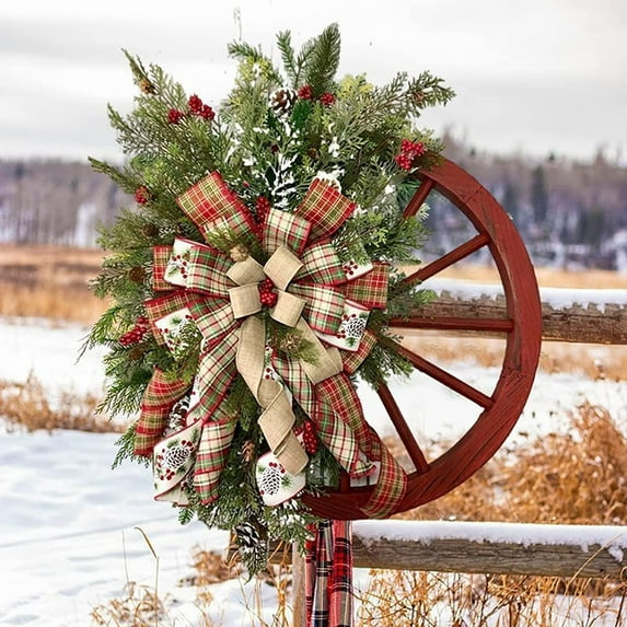 EFINNY Vintage Winter Wagon Wheel Wreath, Red, 34cm Diameter, Artificial Flower Decor