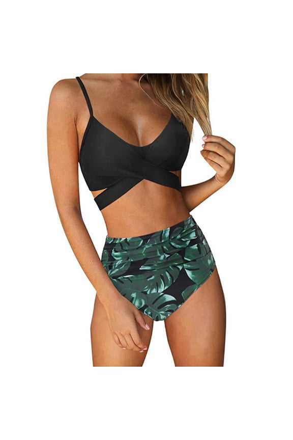Women Bandage Bikini Set Two Piece Halter Swimsuits Criss Cross Wrap Bathing Suits High Waisted Floral Printed Bikini
