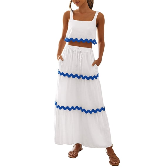 EFINNY Women Beach Vacation Outfits Sleeveless Cropped Tank Top High Waisted Maxi Skirt 2 Piece Sets with Pockets
