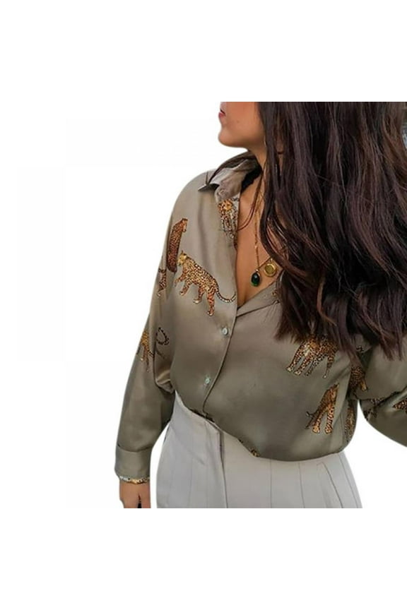 Women Button Down Leopard Print Long Sleeve Tunic Blouse Tops Shirts