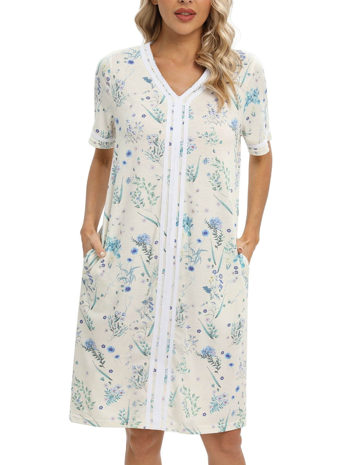 EFINNY Women Floral Short Sleeve Pajamas Robes Thin Lightweight ...