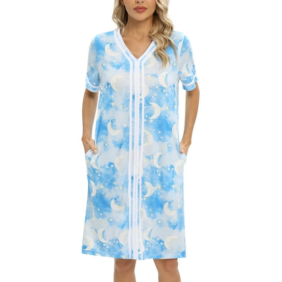 EFINNY Women Floral Short Sleeve Pajamas Robes Thin Lightweight Homewear Sleepwear with Pockets S-2XL