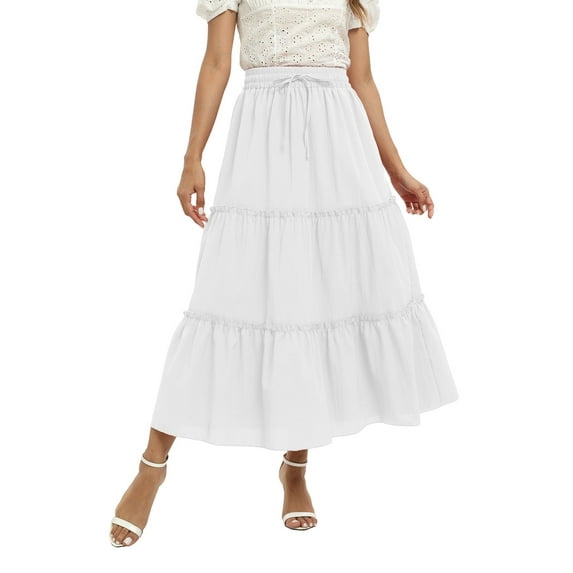 EFINNY Women High Waist Solid Color Long Skirt Large Pendulum Pleated Loose Dress