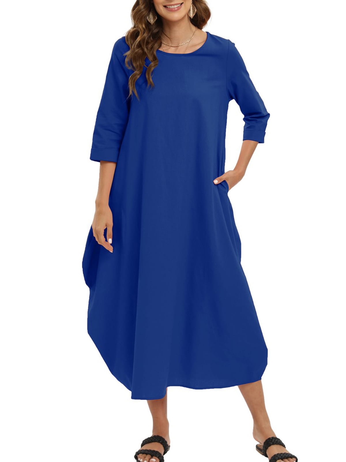 EFINNY Women Plus Size Causal Soild Kaftan Maxi Dress Long Shirt Dress
