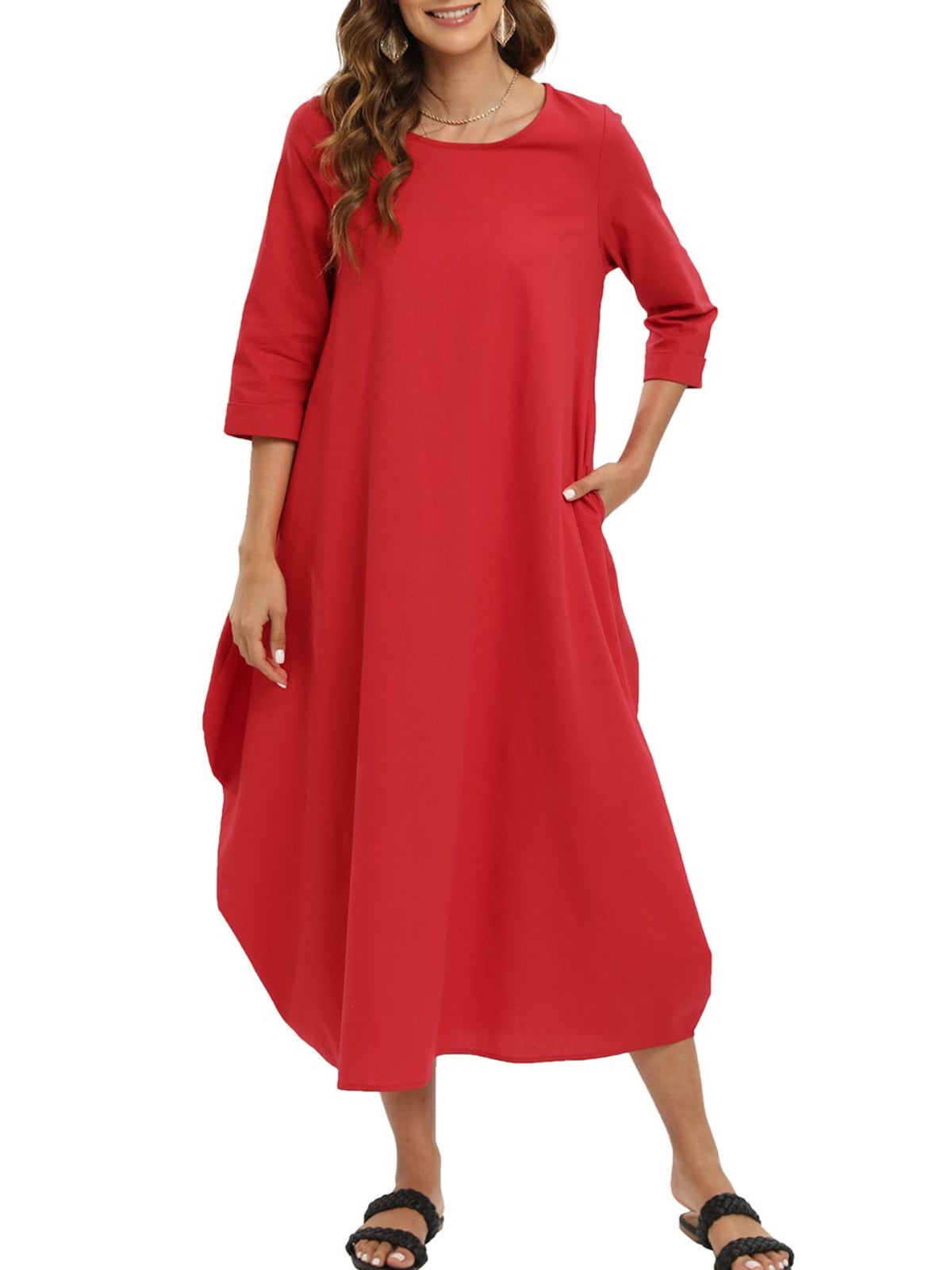 EFINNY Women Plus Size Causal Soild Kaftan Maxi Dress Long Shirt Dress