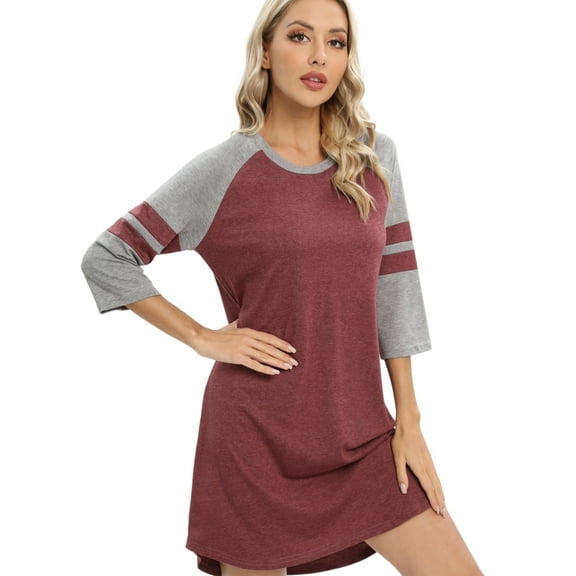 EFINNY Women's 3/4 Sleeve Nightgowns Contrast Color Nightdress Round Neck Nightshirt Comfy Cotton Sleepshirt S-3XL