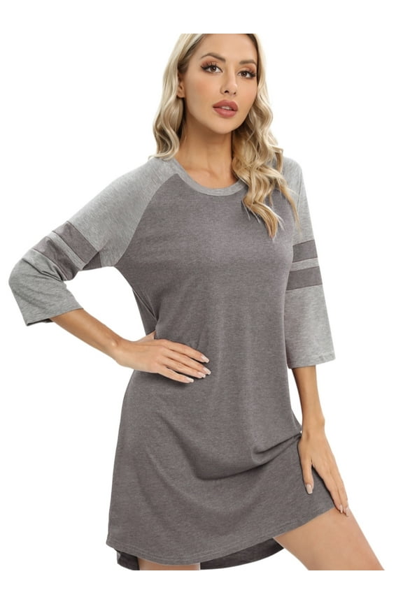Women's 3/4 Sleeve Nightgowns Contrast Color Nightdress Round Neck Nightshirt Comfy Cotton Sleepshirt S-3XL