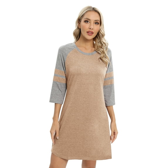 EFINNY Women's 3/4 Sleeve Nightgowns Contrast Color Nightdress Round Neck Nightshirt Comfy Cotton Sleepshirt S-3XL