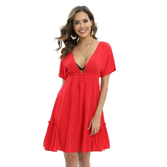 EFINNY Women’s Bathing Suit Cover Up V Neck Beachwear Drawstring Straps Waist Bikini Swimsuit Sunscreen Dress