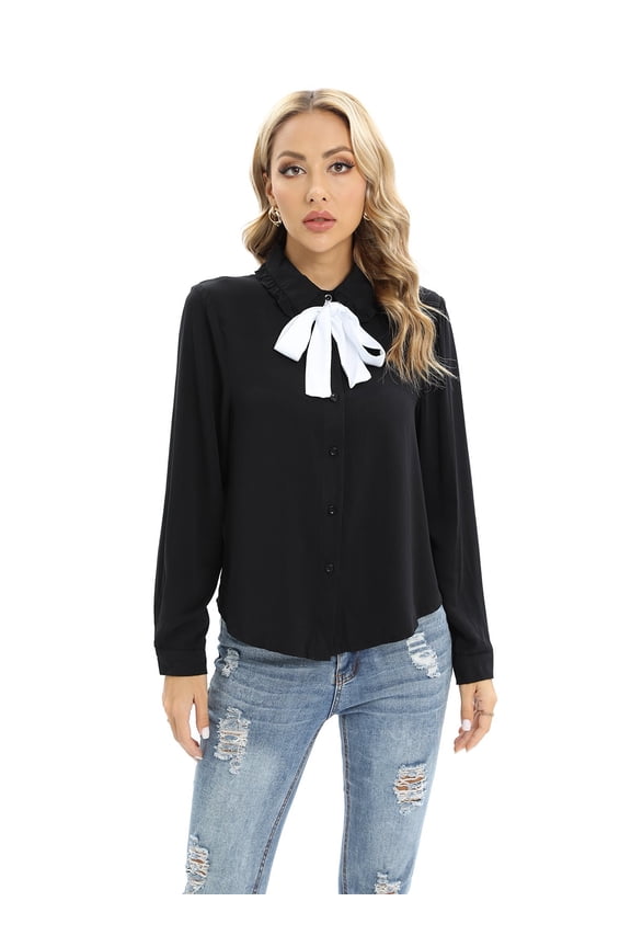 EFINNY Women's Bow Tie Neck Blouse Peter Pan Collar Casual Button Down Shirt Semi Formal Button Down Shirts Office Lady Work Blouse Girls School Uniforms Shirt Tops