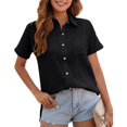 thumbnail image 1 of EFINNY Women's Casual Button Down Shirts Short Sleeve V Neck Work Dress Solid Blouse Tops with Pocket, 1 of 3