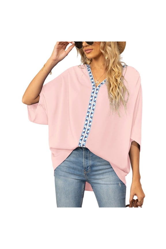 Women's Casual V Neckline Chiffon Blouses Shirts Ladies Office Work Dress Batwing Sleeve Tops Dolman Sleeves Tee