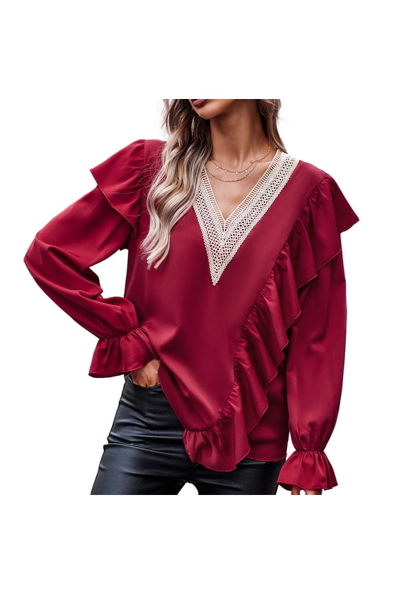 Women's Chiffon Blouse V-Neck Long Sleeve Shirt Ruffled Patchwork Top