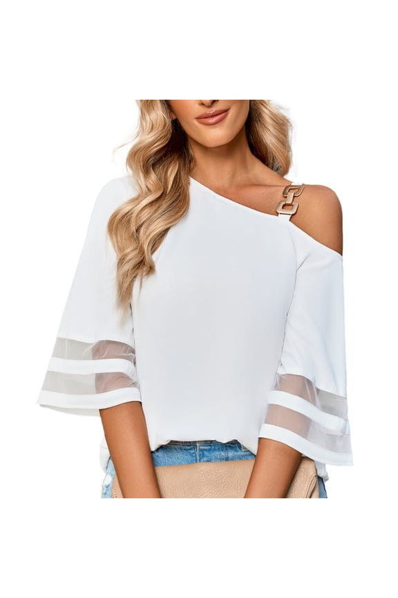 Women's Chiffon Shirt Casual One Shoulder Tops Fashionable Seven-Point Flared Sleeves Blouses