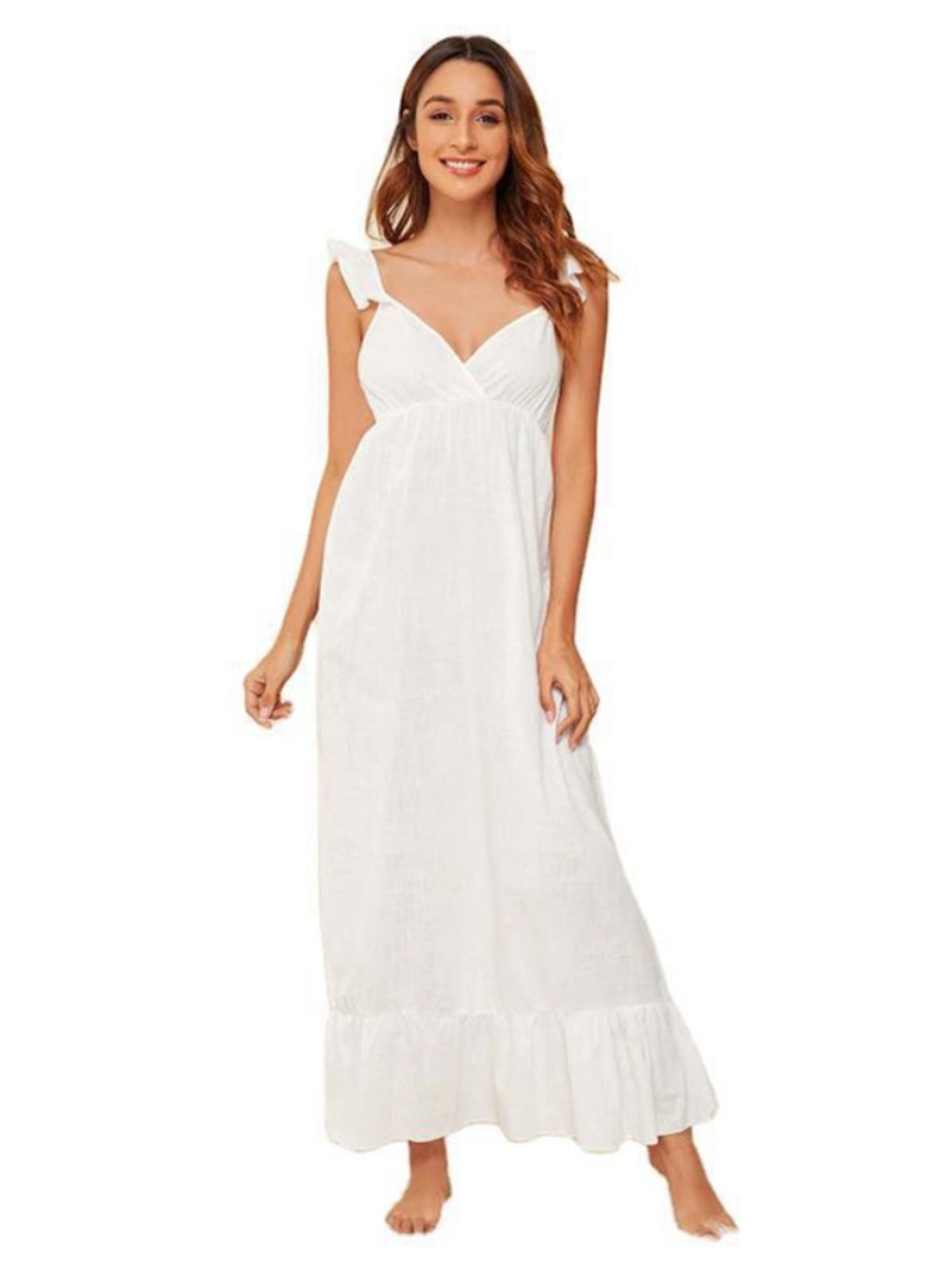 EFINNY Women's Cotton Sleeveless Nightgowns Deep V-neck Maxi Nightdress  Cute Ruffled Spaghetti Straps Sleep Dress