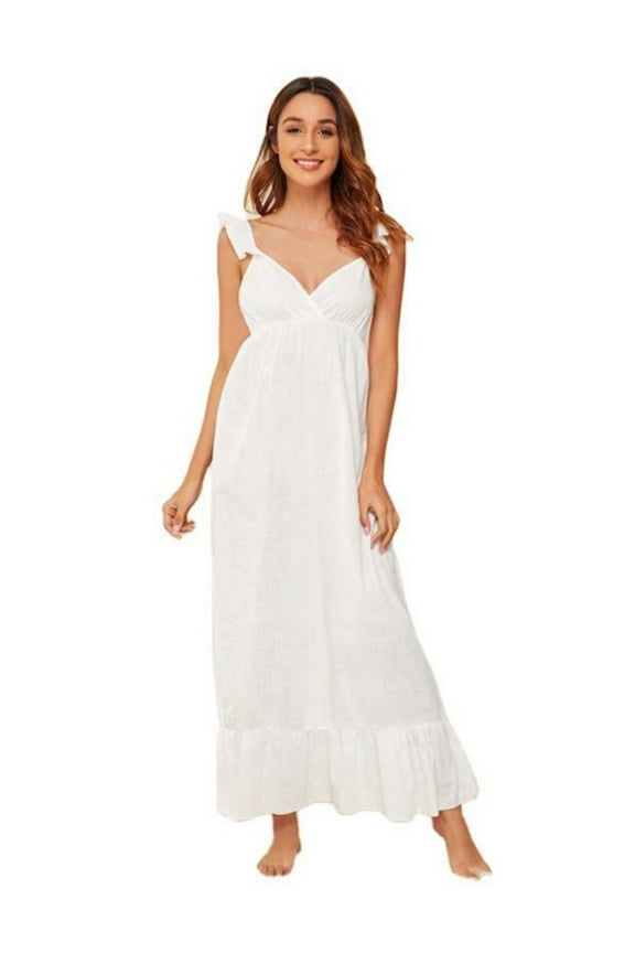 Women's Cotton Sleeveless Nightgowns Deep V-neck Maxi Nightdress Cute Ruffled Spaghetti Straps Sleep Dress