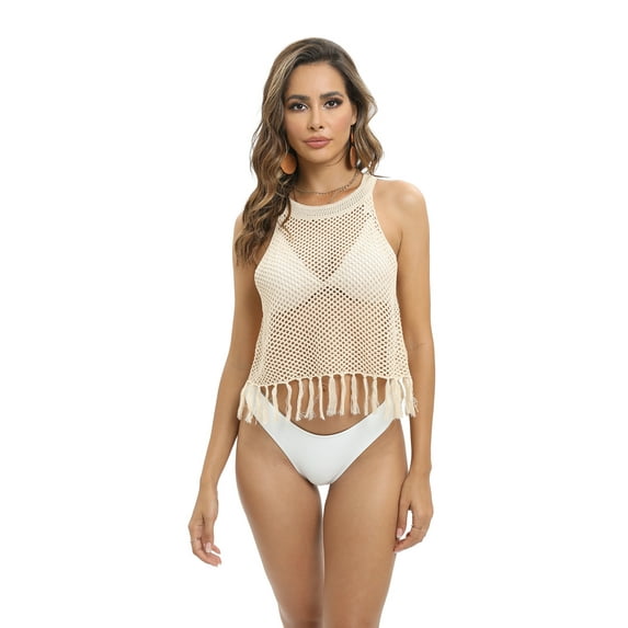 EFINNY Women's Crewneck Openwork Tassel Blouse Swimwear Summer Beach Cover Vest Top XS-XL