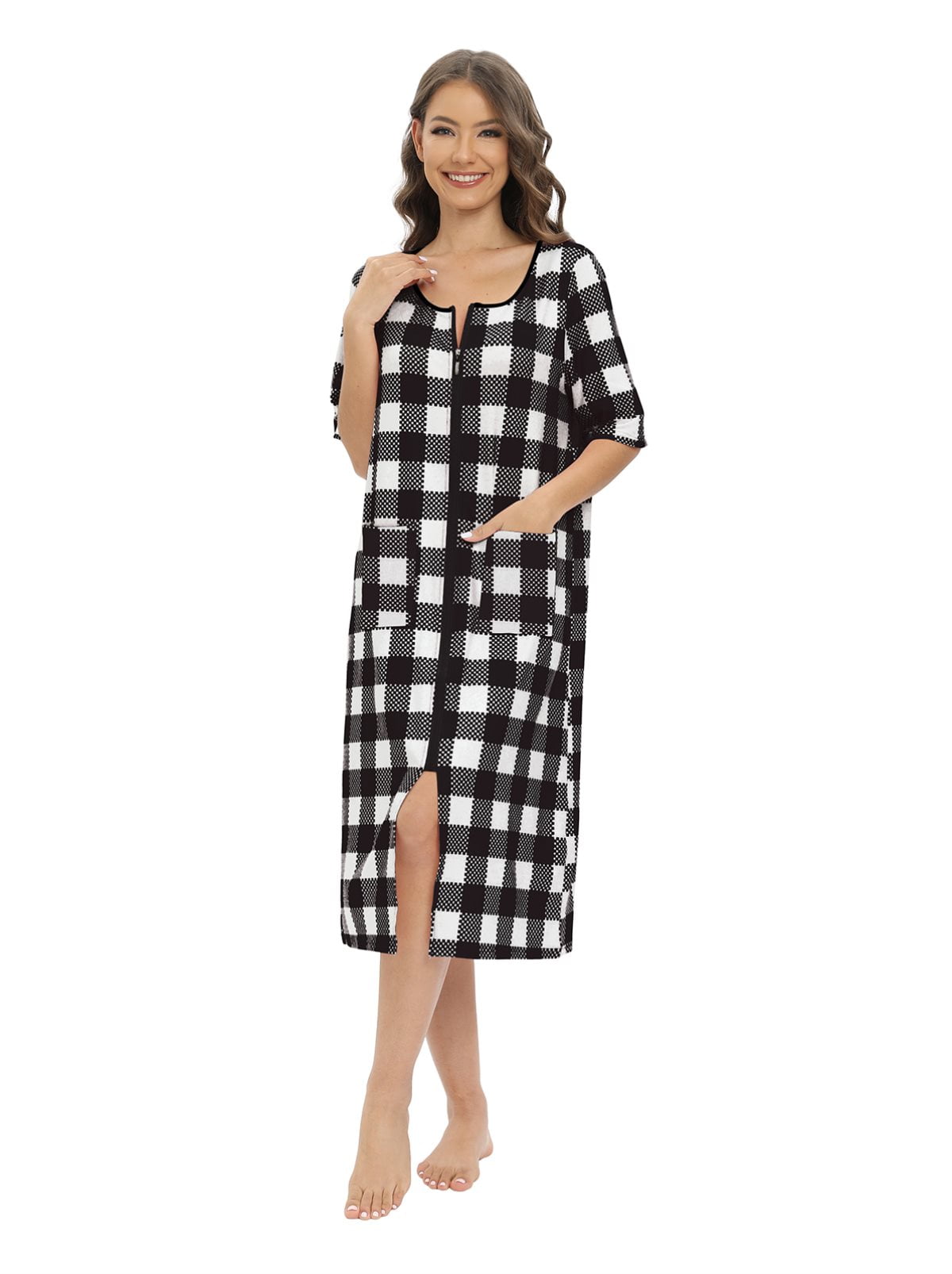 EFINNY Women's ElbowLength Sleeve Housecoat Loose Zipper Front