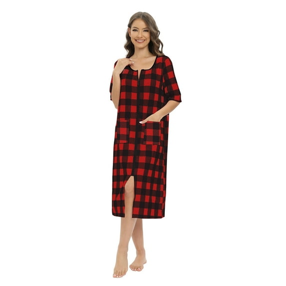 EFINNY Women's Elbow-Length Sleeve Housecoat Loose Zipper Front Nightgowns Plaid Full Length Robes Loungewear with Pockets S-XXL