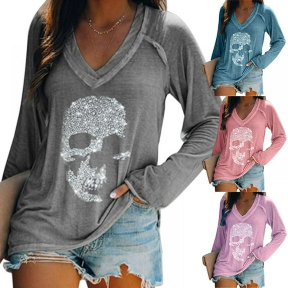 EFINNY Women's Fashion Long Sleeve Tee Shirts Halloween V-Neck Skull Print Funny Blouse Sweatshirts Pullover Tops Plus Size,S-5XL