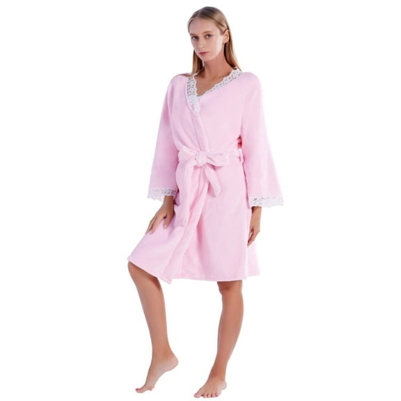 EFINNY Women's Flannel Robes Soft Warm Plush Nightgowns Spa Bathrobe Lacework Sleepwear Ladies Knee Length Bath Gown