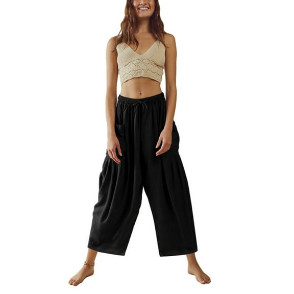 EFINNY Women's Linen Wide Leg Pants Lace Up Straight Tube Design Casual Loose Pants With Side Pockets