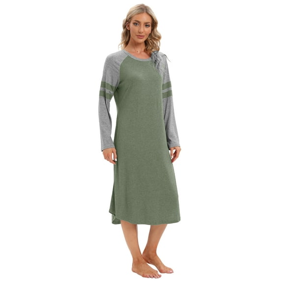 EFINNY Women's Long Sleeve Nightgowns Contrast Color Midi Dress Round Neck Long Nightdress Comfy Cotton Sleepshirt S-3XL