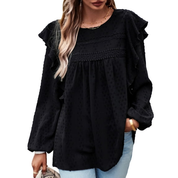 EFINNY Women's Long-Sleeved Top Puff Sleeve Ruffled Patchwork Top Solid Color Temperament Shirt