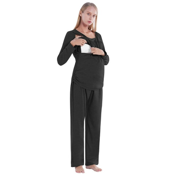 EFINNY Women's Maternity Nursing Pajama Set Breastfeeding Sleepwear Set Double Layer Long Sleeve Top Pants Pregnancy PJS