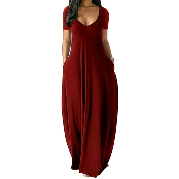 EFINNY Women's Maxi Dress with Pockets Short Sleeved Rayon Extra Long Dresses