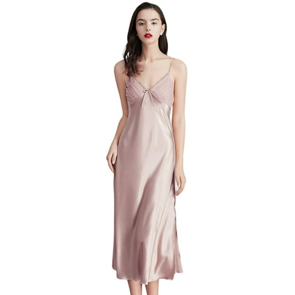 EFINNY Women's Nightdress Lace Satin Lingerie Long Chemises Deep V Neck Nightgown Sexy Long Sleep Dress Sleeveless