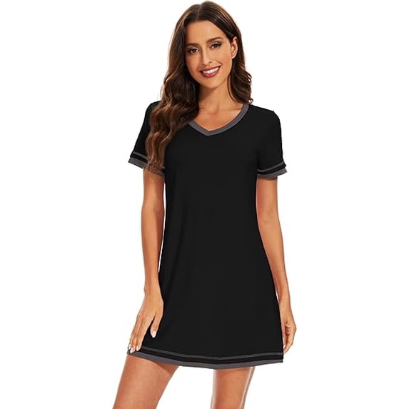EFINNY Women's Nightdress Nightgown V Neck Sleep Shirt Contrast Color Loungewear Short Sleeve