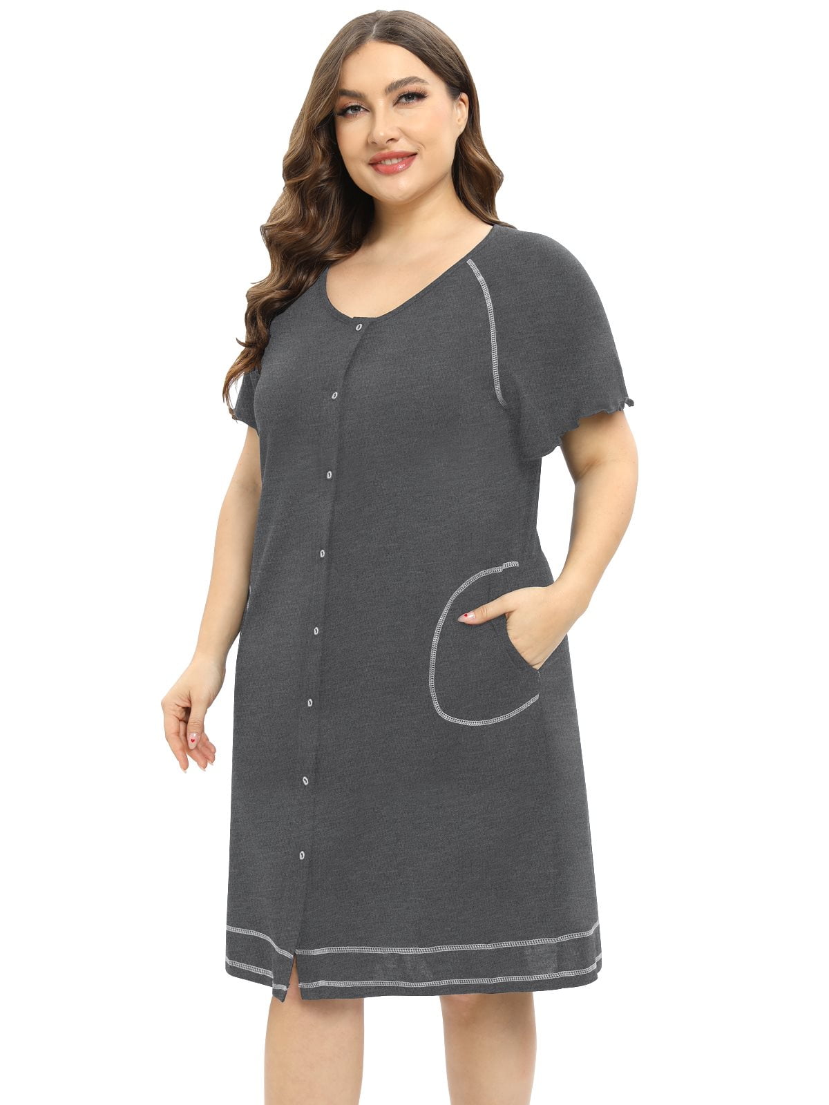 EFINNY Women s Plus size Nightdress Short Sleeve Button Down