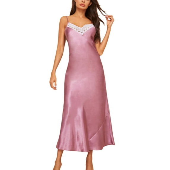 EFINNY Women's Nightdress Silk Lace Satin Nightgowns Long Chemise Sleepwear Sleeveless Full Slip Nightdress
