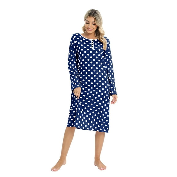 EFINNY Women's Nightgown Long Sleeve Sleepwear Polka-Dotted Nightdress Soft Pjs Lounger,S-XXL