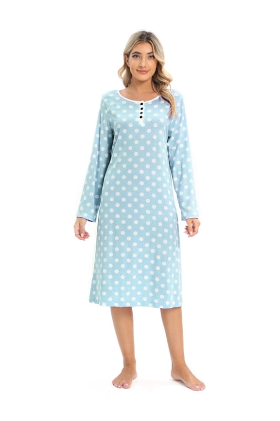Women's Nightgown Long Sleeve Soft Comfy Sleepwear Henley Neck Button Down Nightdress Retro Polka Dot Mid-Length Nightshirt,M