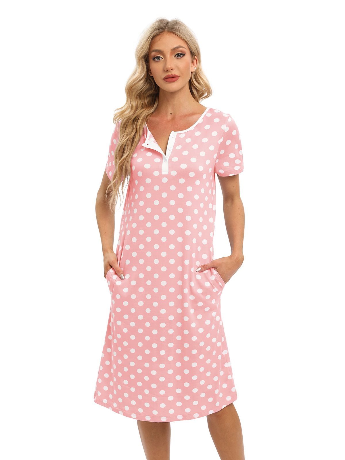 EFINNY Women\'s Nightgown Short Sleeve Soft Comfy Sleepwear with Pockets  Henley Neck Button Down Nightdress Retro Polka Dot Nightshirt, S-XXL